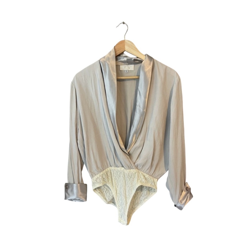 Silky Drape Wrap Bodysuit in Light Gray and Cream